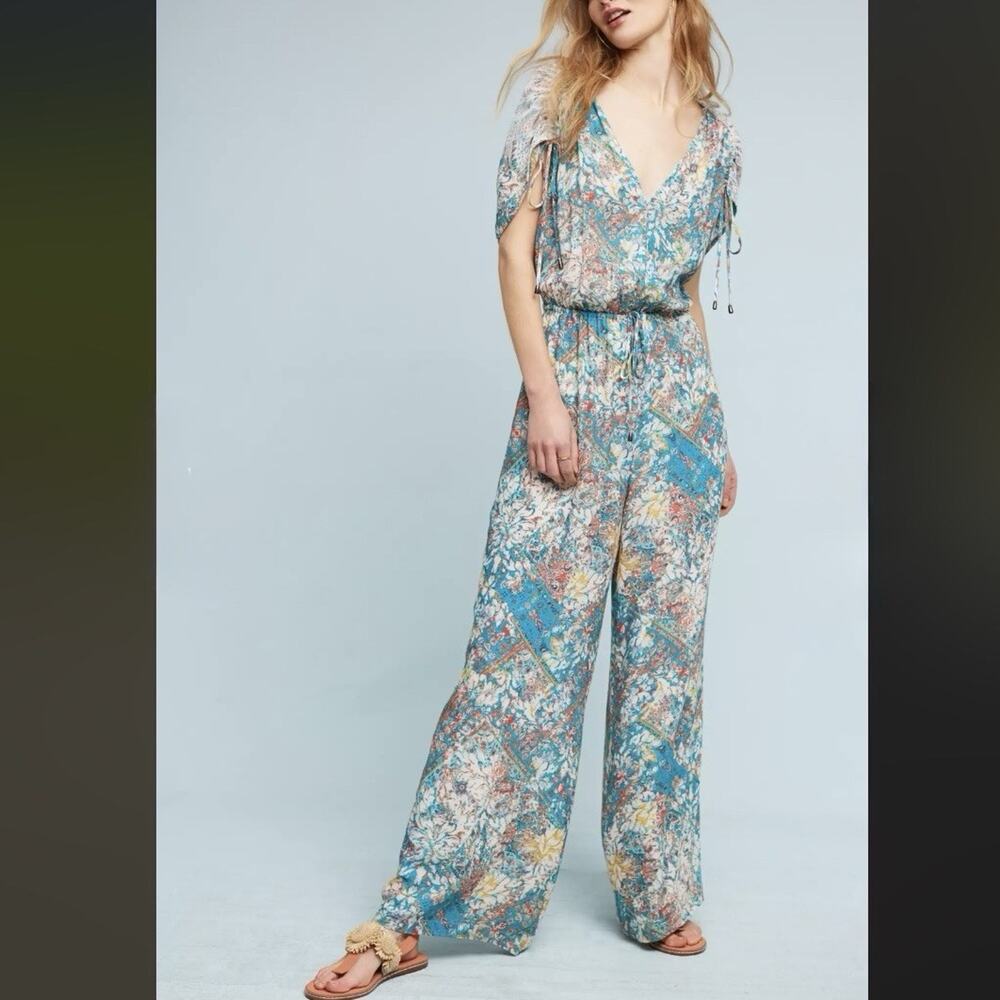 Anthropologie Elevenses Zulu Lace Jumpsuit Wide Leg Boho Floral Teal Multi Small